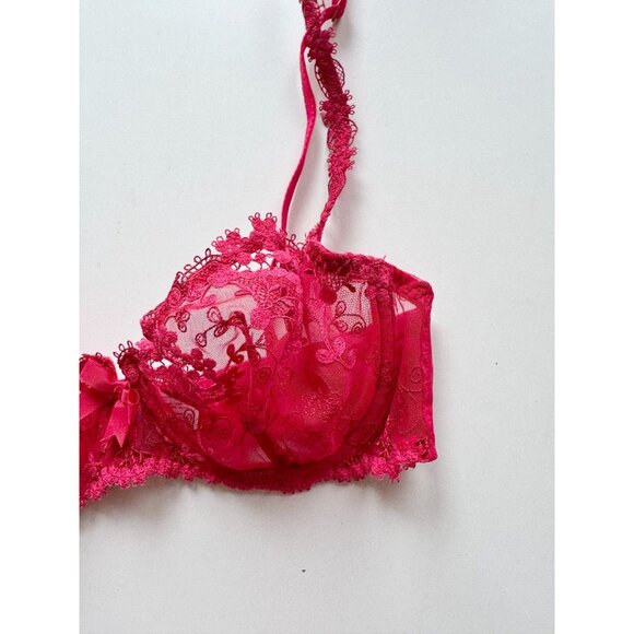 SIMONE PERELE Wish Ruby Red Sheer Embroidered Tulle Unlined Demi Bra, Size 30D - Picture 7 of 16